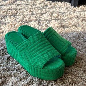 Green Towel Material Platform Slide Sandals